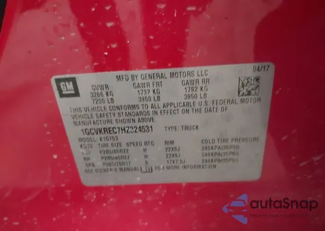 2017 Chevrolet Silverado 1500 2Lt from USA, damaged, VIN 1GCVKREC7HZ324531